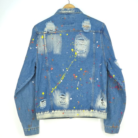 Rolling Paper Thrashed Denim Jacket Mens Large Painted Splatter Distressed Jean - Picture 3 of 16
